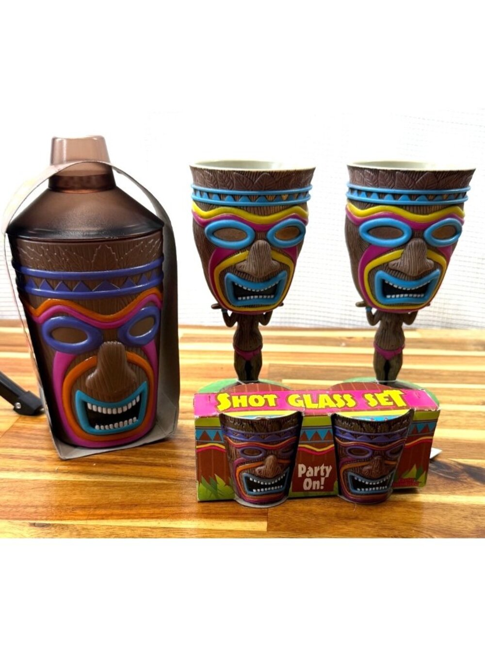 Vintage Plastic Tiki Barware Bundle – Shaker, Goblets, & Packaged Shot Glass Set